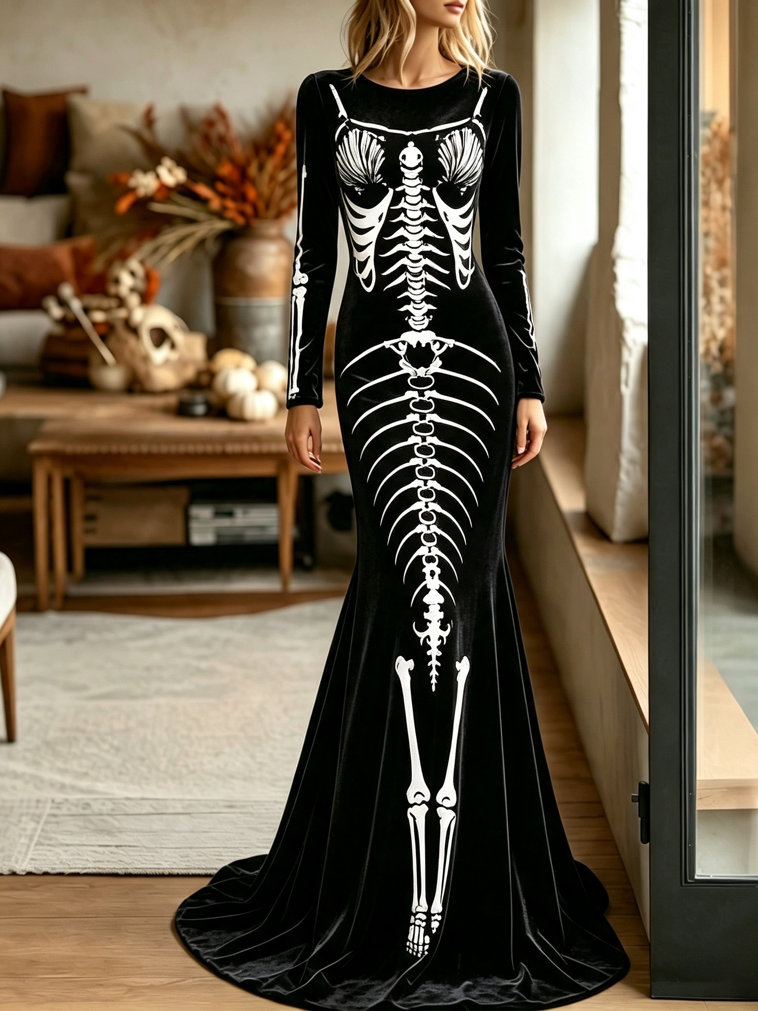 Women's Retro Halloween Mermaid Structure Round Neck Velvet Dress