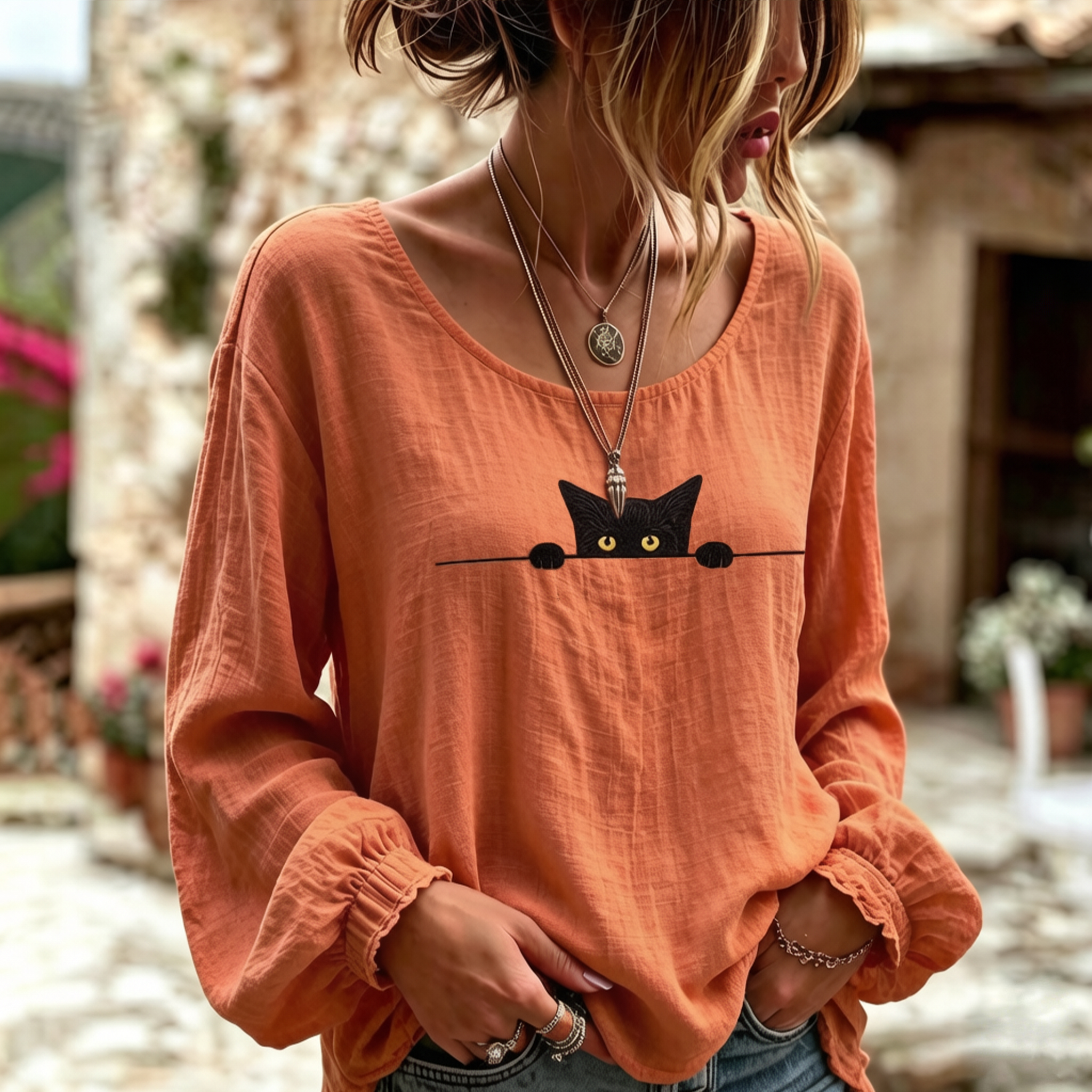 Women's Vintage Black Cat Art Embroidered Linen Blend Round Neck Long Sleeve Tops