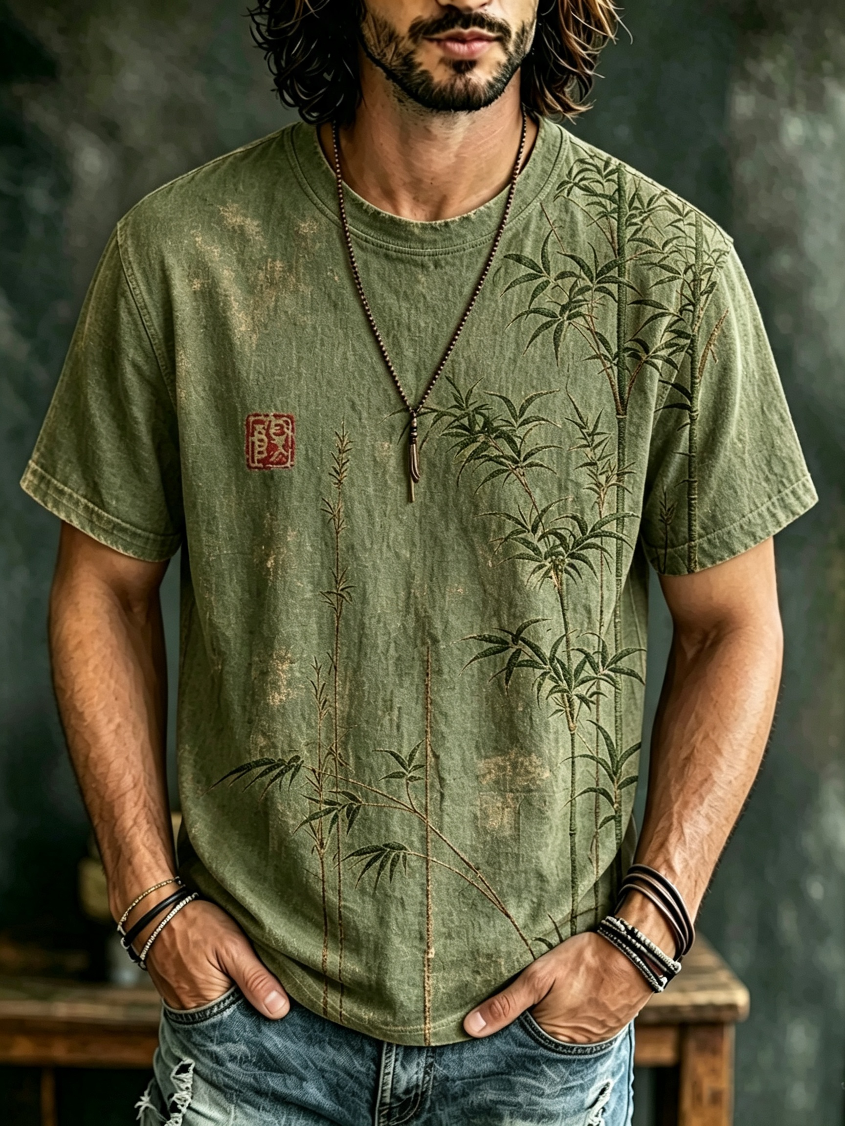 Men's Bamboo Japanese Art Print Casual T Shirt