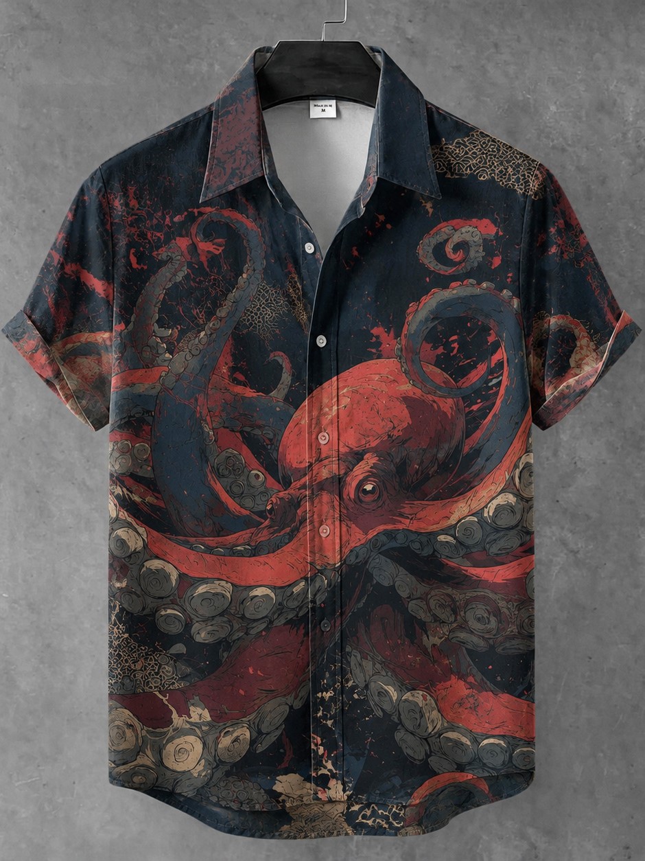 Men's Retro Japanese Art Octopus Print Short-sleeve Shirt