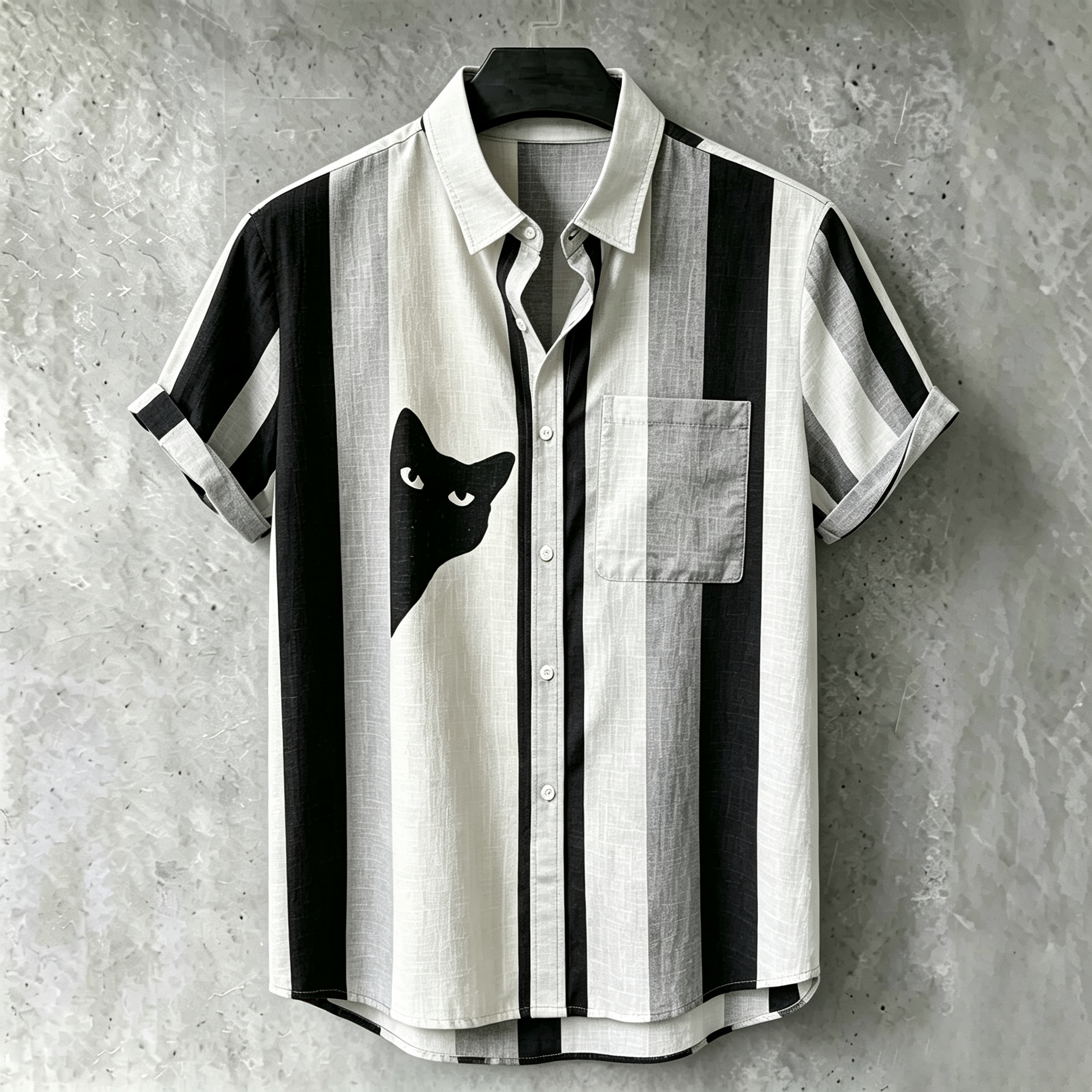 Men's Vintage Black Cat Contrast Stripes Short Sleeve Collared Shirt