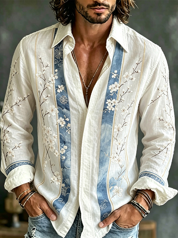 Men's Retro Bohemian Striped Color-blocked Japanese Cherry Blossom Embroidered Print Shirt