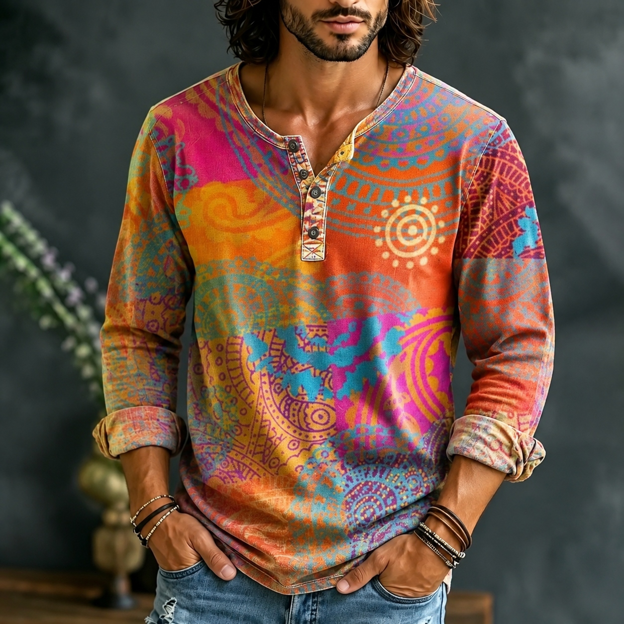 Men's Hippie Color Matching Ethnic Style Print Henry Collar T-shirt