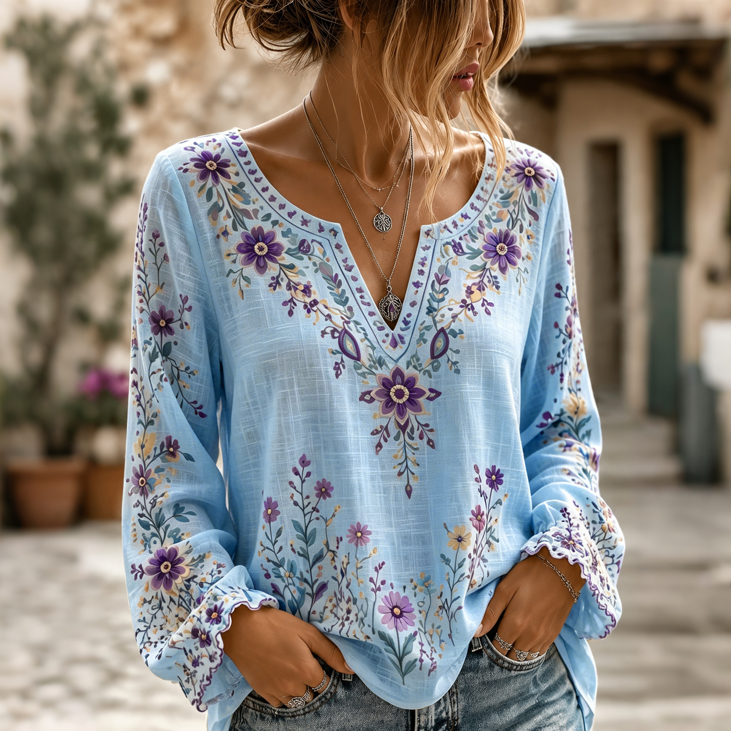 Women's Retro Boho Floral Art Cotton Linen V Neck T-shirt