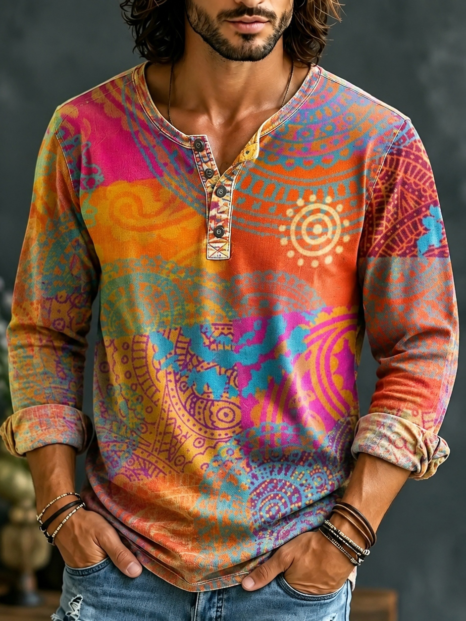 Men's Hippie Color Matching Ethnic Style Print Henry Collar T-shirt