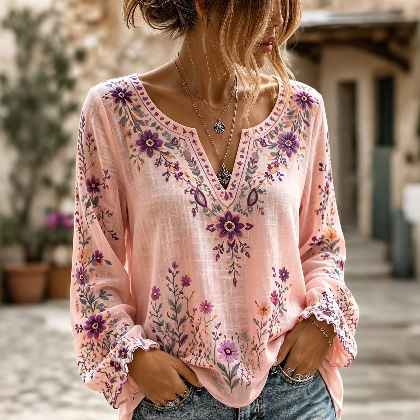 Women's Retro Boho Floral Art Cotton Linen V Neck T-shirt
