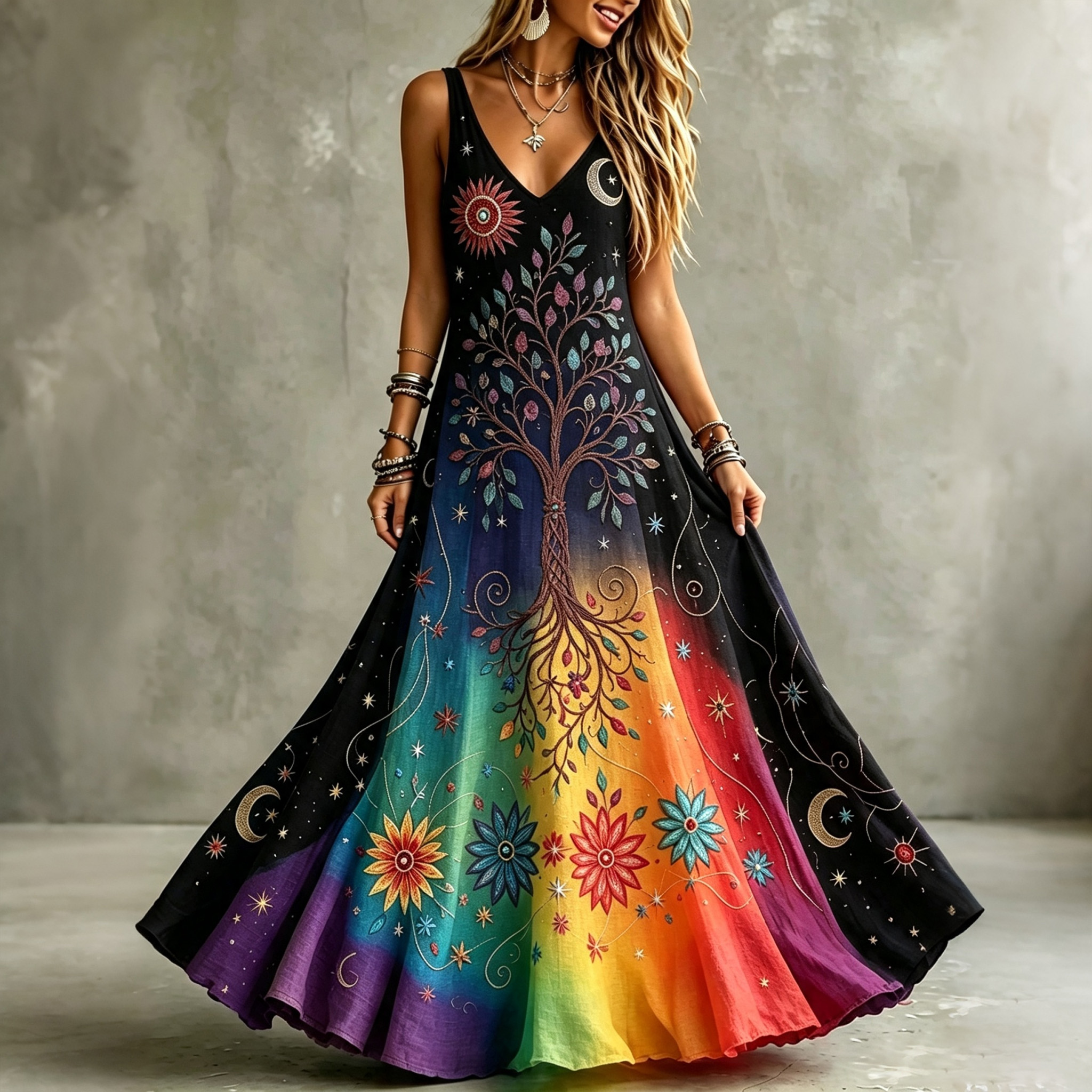 Women's Retro Sun Moon With Tree Of Life Color Gradient Art Pattern Tanks Dress