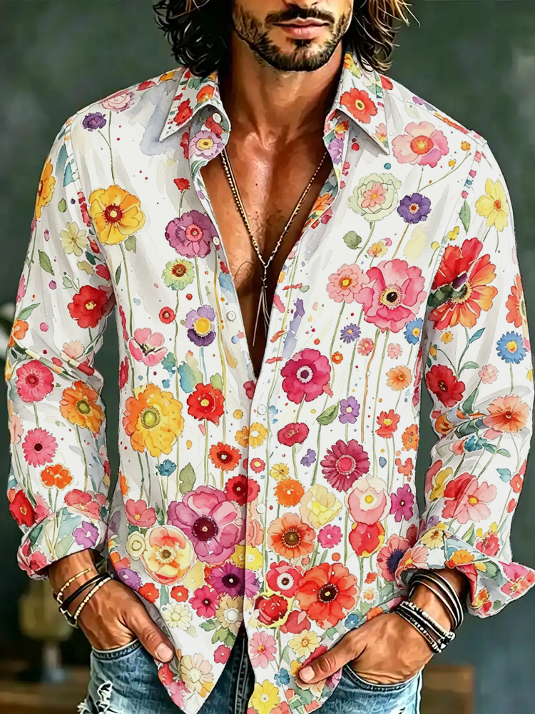 Men's Vintage Hippie Floral Art Print Long Sleeves Linen Shirt