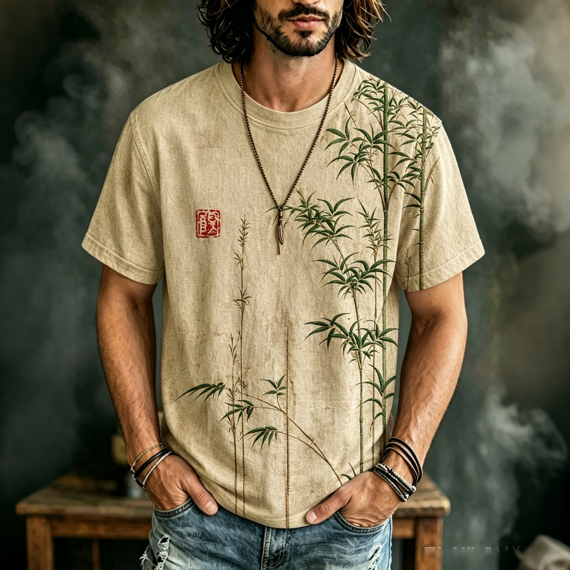 Men's Bamboo Japanese Art Print Casual T Shirt