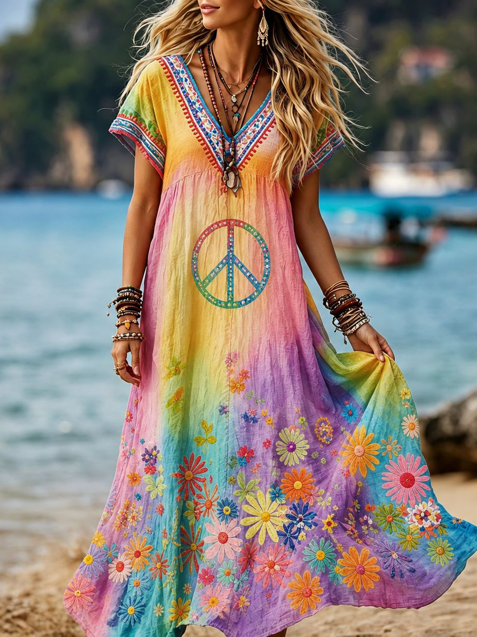 Women's Retro Hippie Peace Floral Embroidery Art V Neck Short Sleeve Linen Blend Maxi Dress