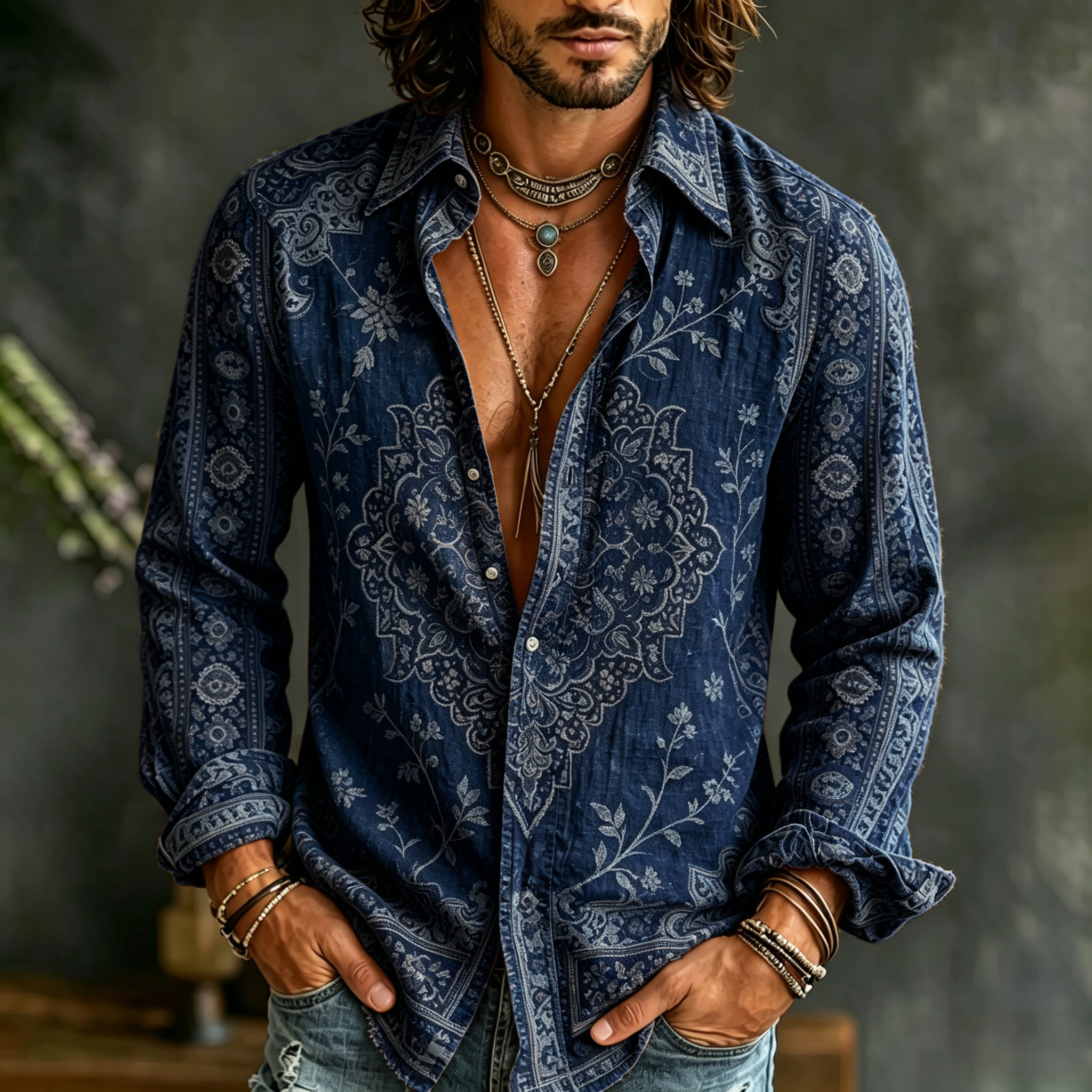 Men's Vintage Ethnic Geometry And Floral Print Flowy Linen Blend Casual Shirt