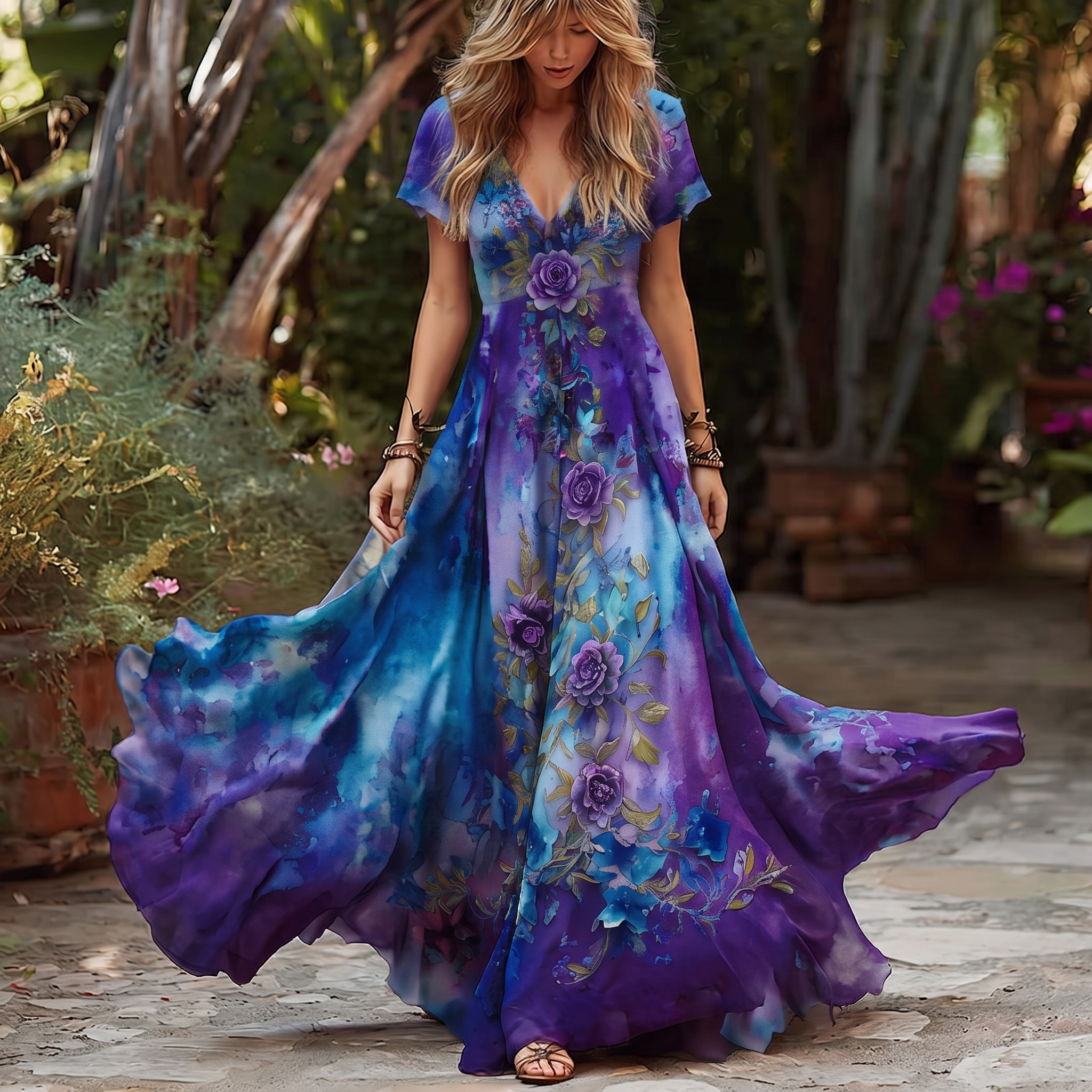 Women's Retro Rose Floral Gradient Pattern V-neck Short Sleeve Dress