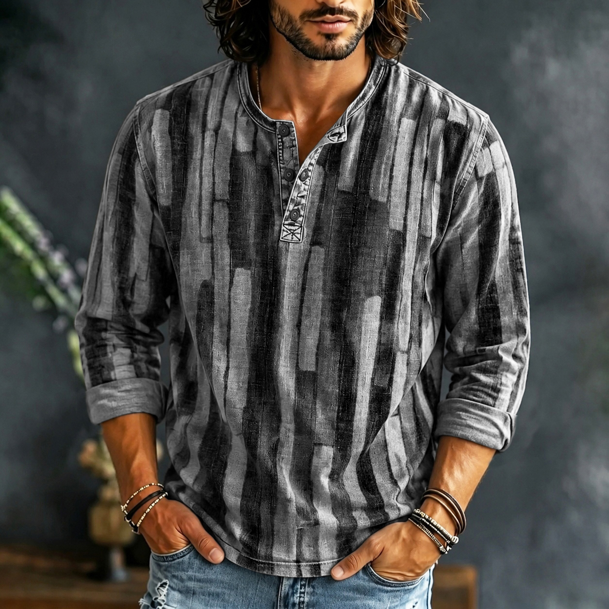 Men's Casual Contrast Geometric Color Block Henley Neck T-shirt