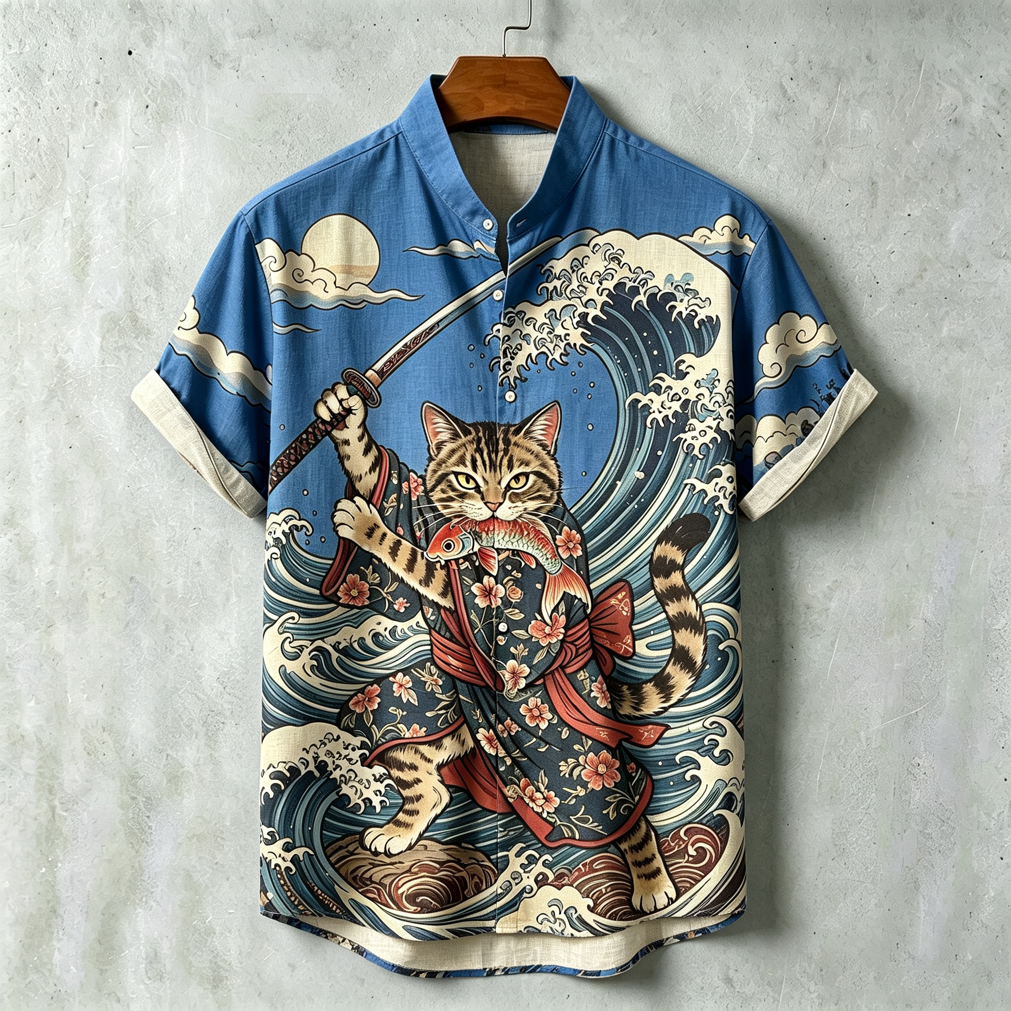 Men's Samurai Wave Print Short-sleeve Cotton Linen Shirt