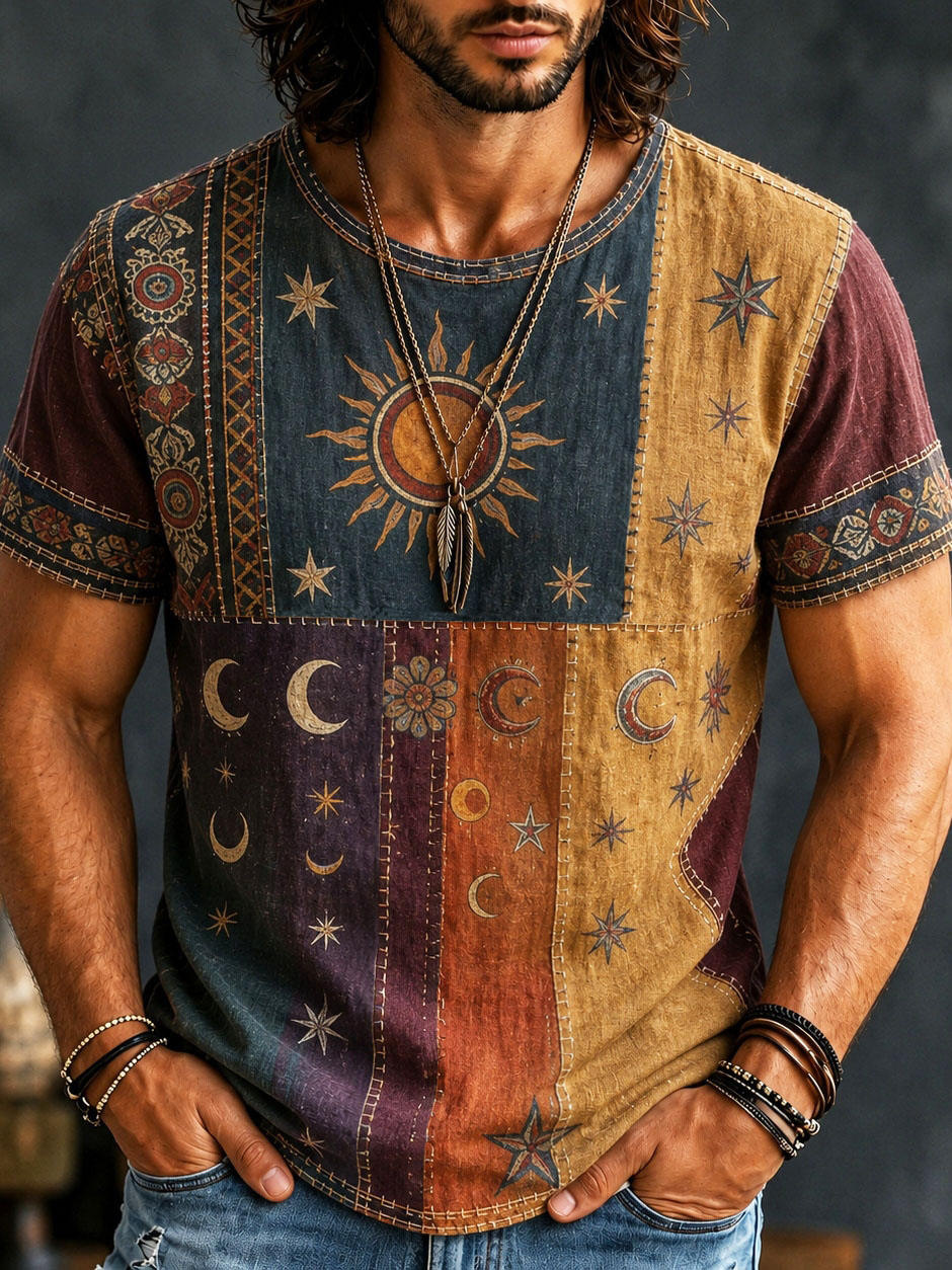Men's Hippie Sun And Moon Element Patchwork Art Print T-shirt