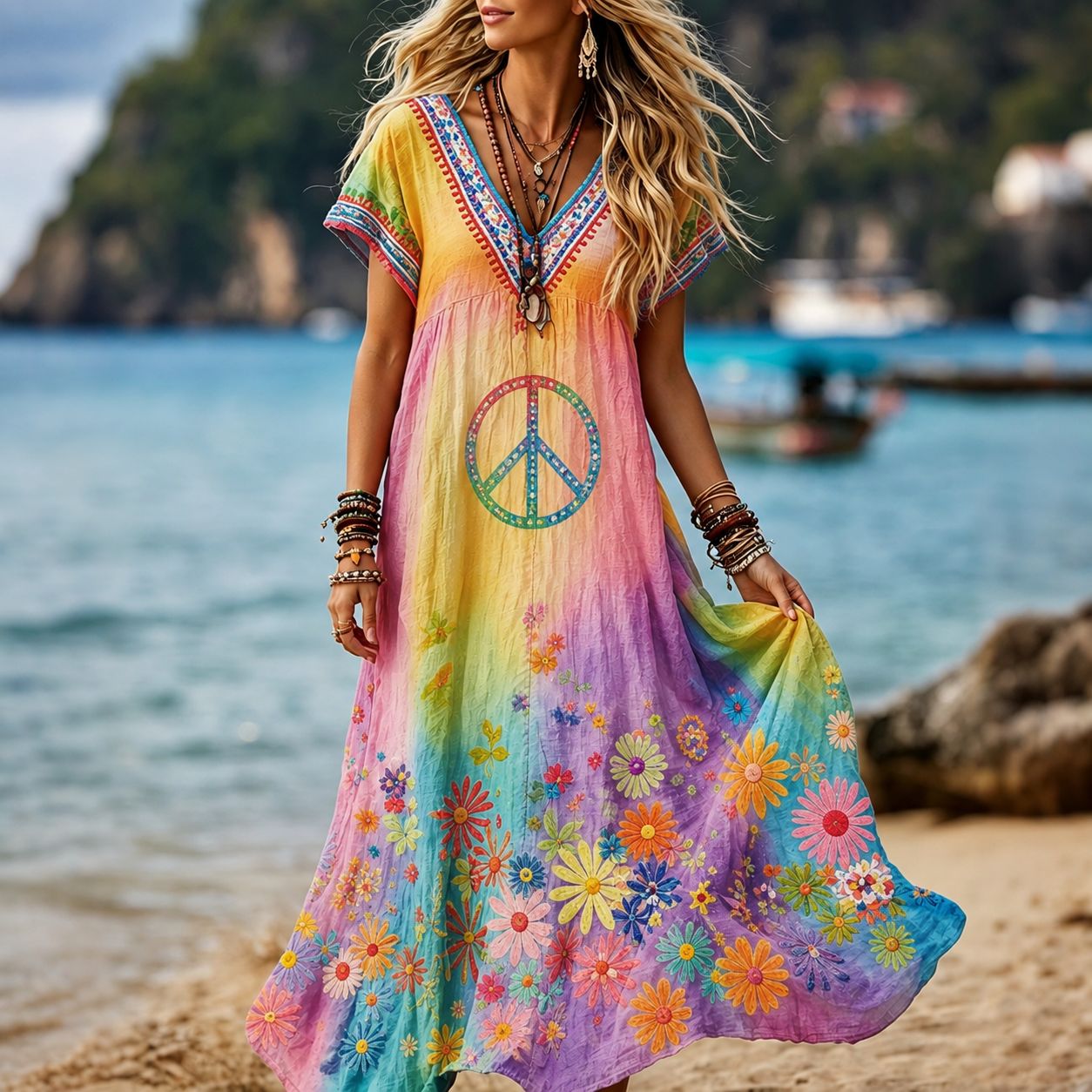 Women's Retro Hippie Peace Floral Embroidery Art V Neck Short Sleeve Linen Blend Maxi Dress