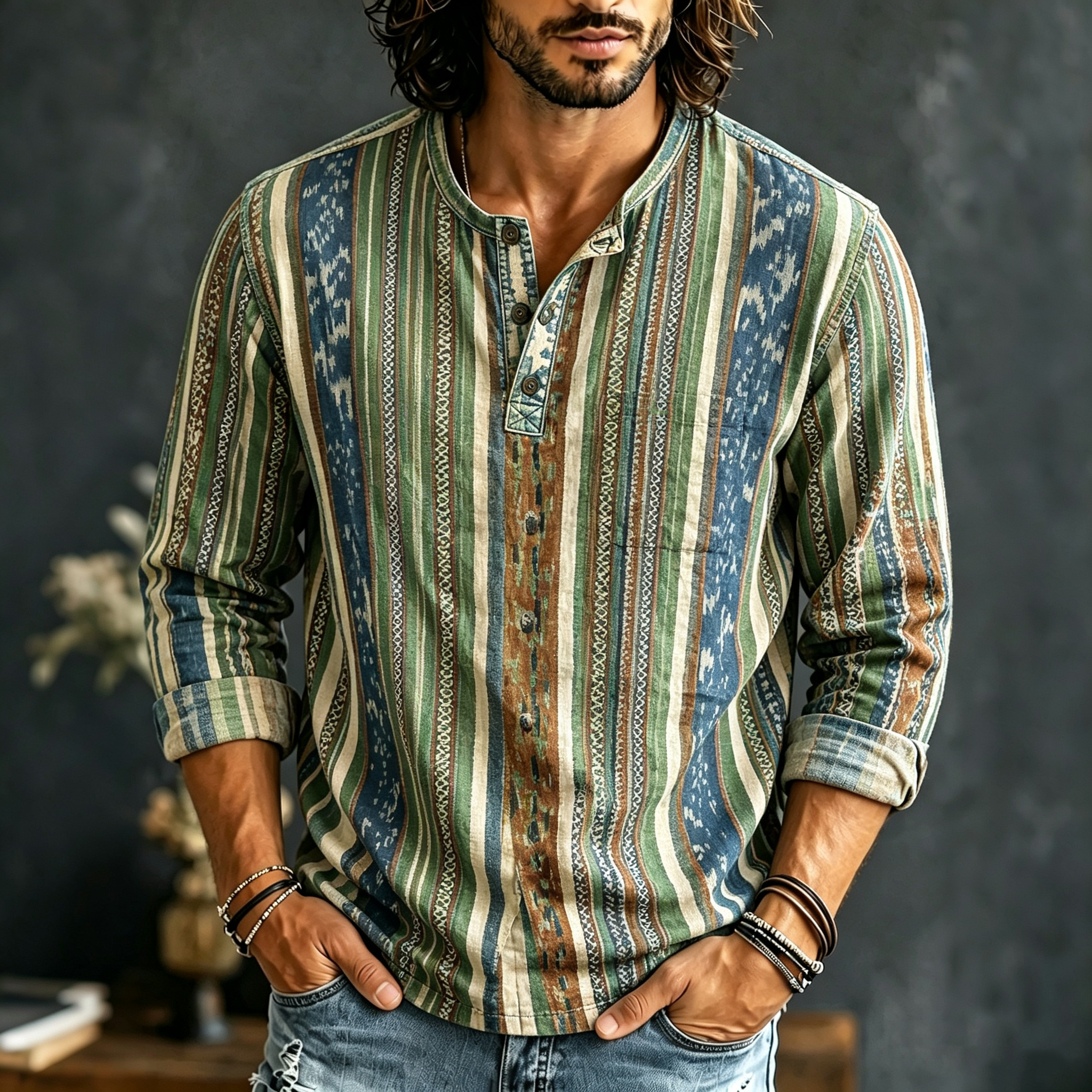 Men's Ethnic Retro Striped Print Long-sleeved Cotton Linen Top