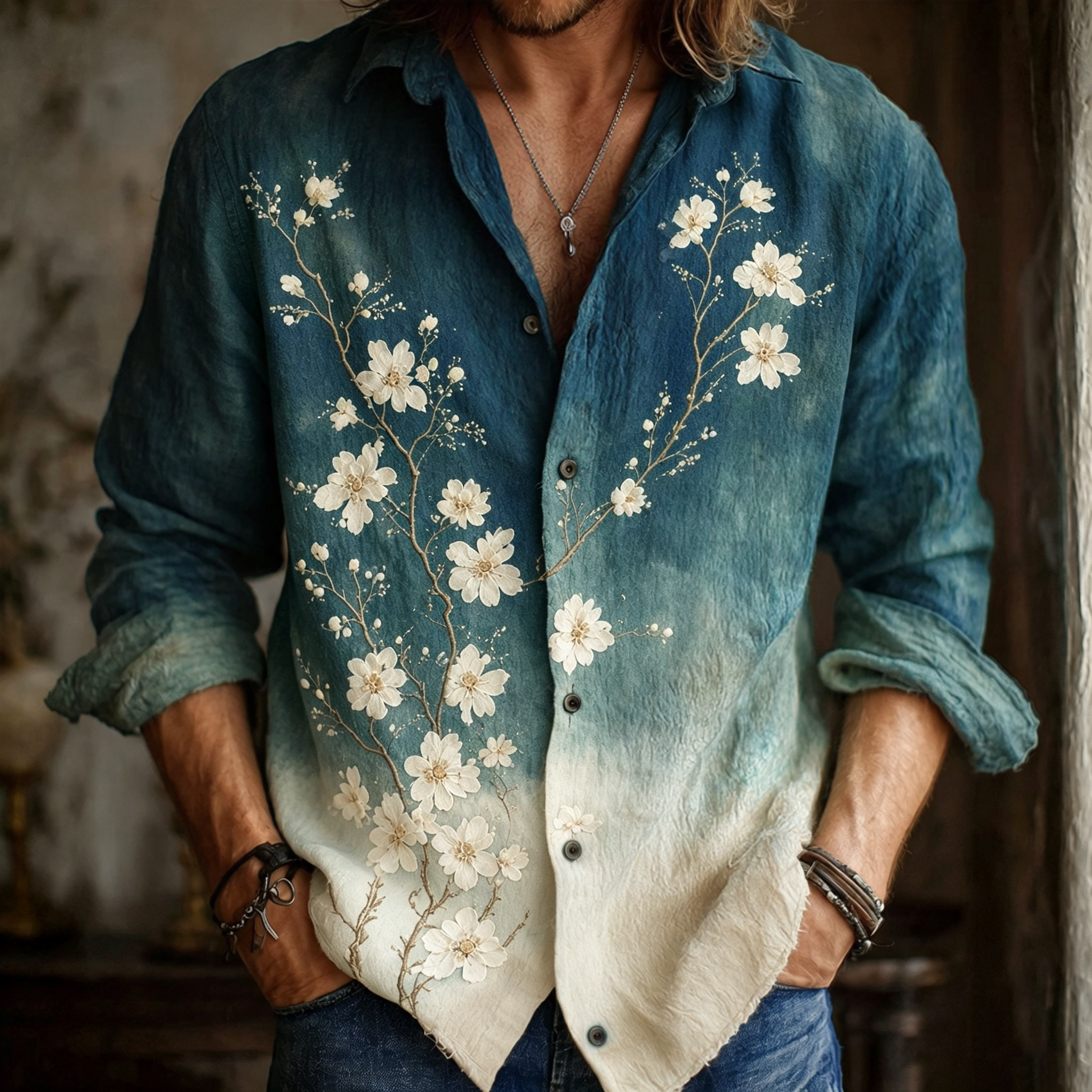 Men's Apricot Blossom Embroidery Oil Painting Art Linen Shirt