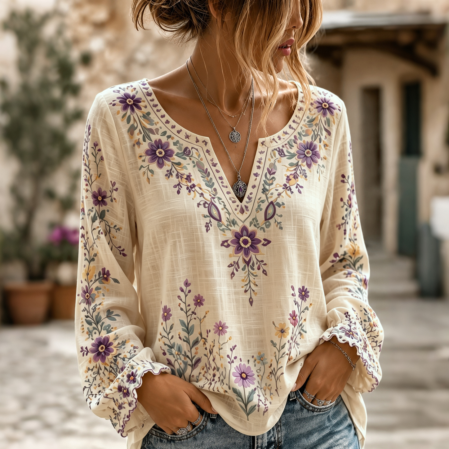 Women's Retro Boho Floral Art Cotton Linen V Neck T-shirt