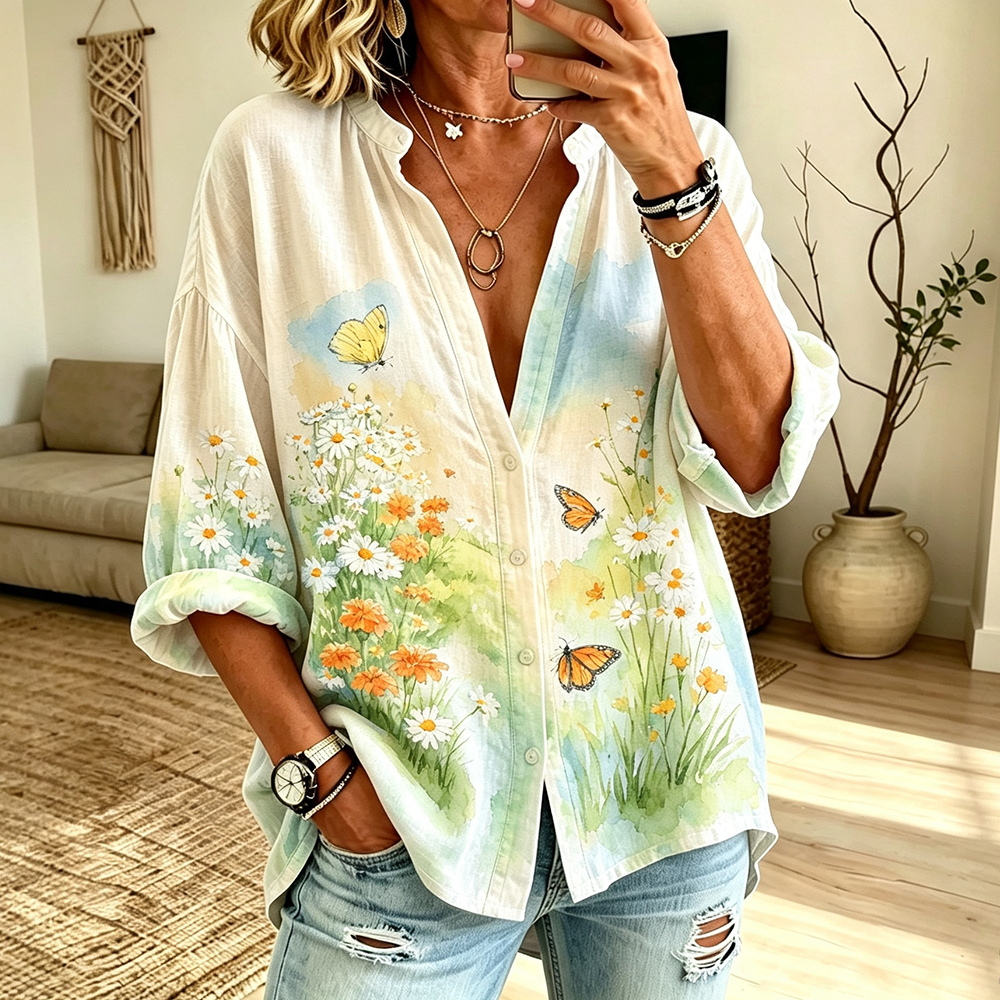 Women's V-neck Long-sleeve Blouse With Watercolor Wildflowers And Butterflies Print