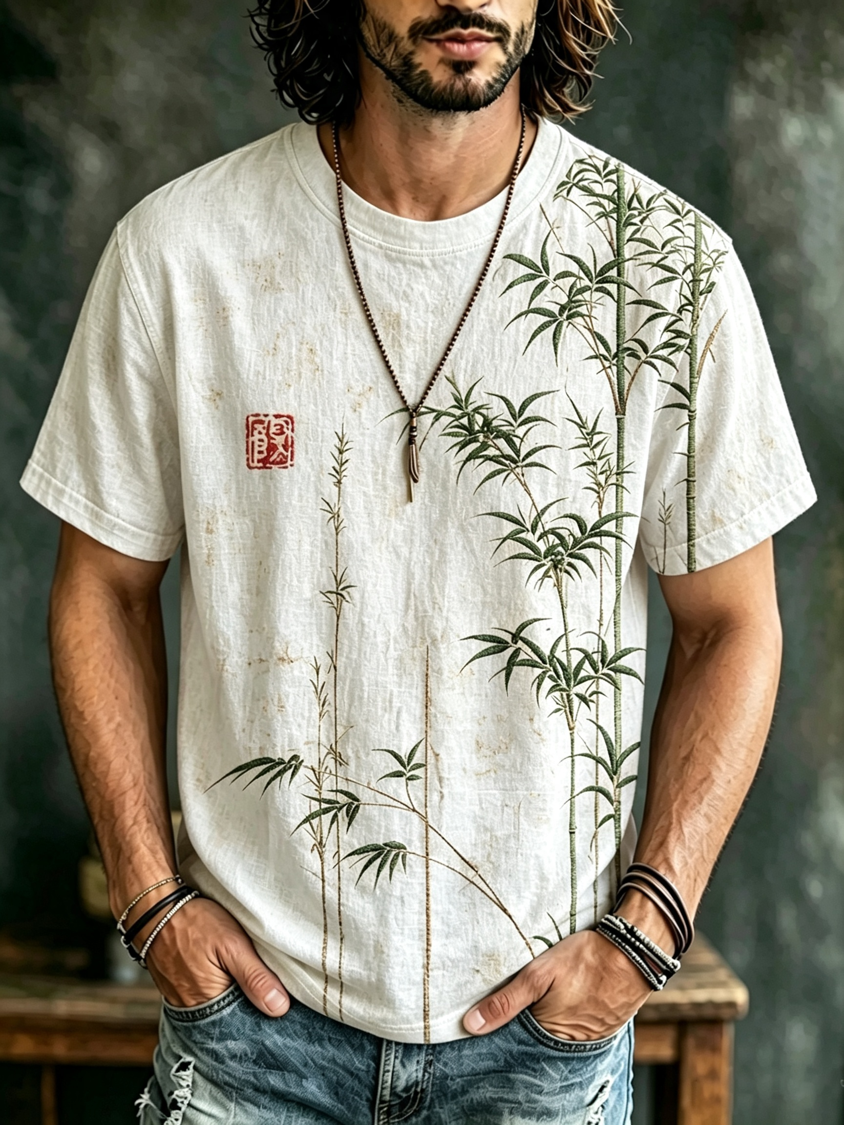 Men's Bamboo Japanese Art Print Casual T Shirt