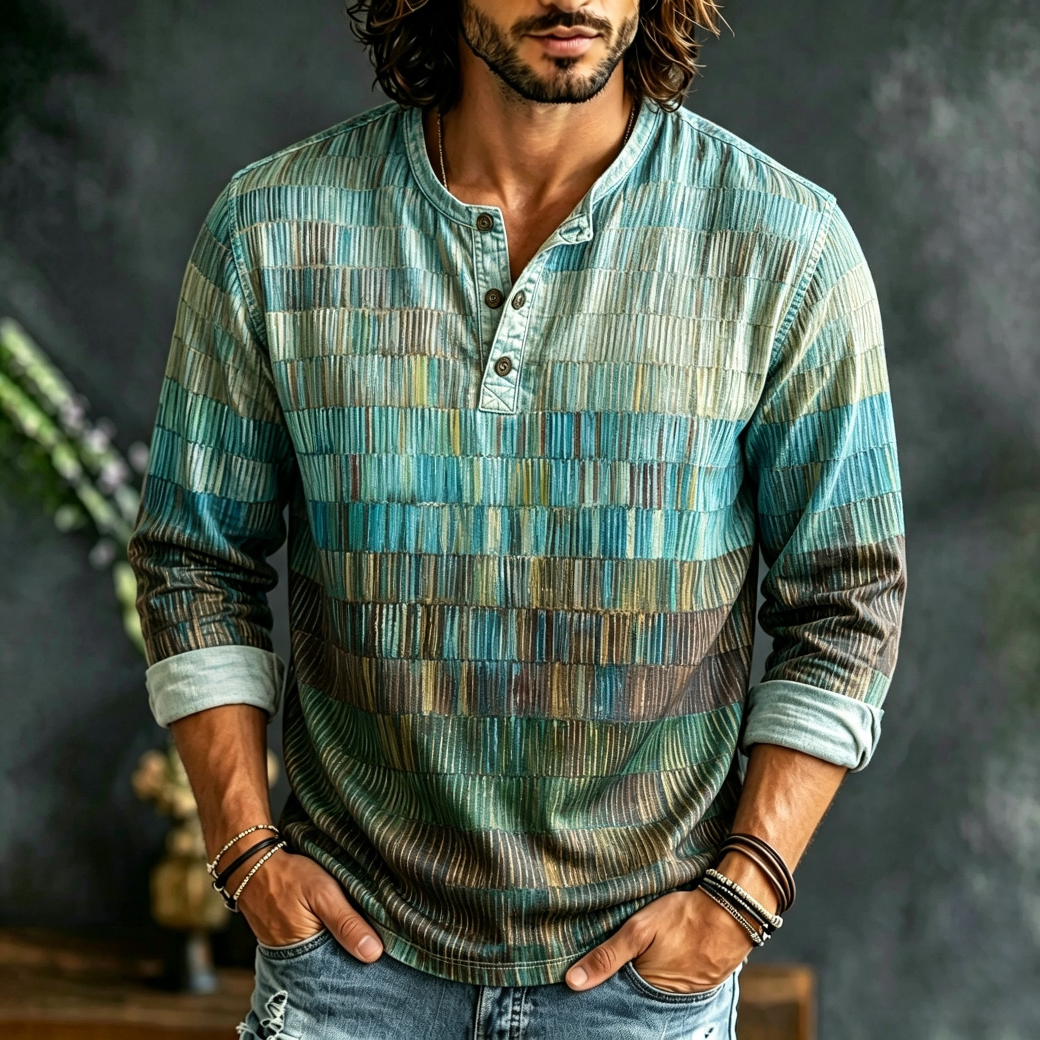 Men's Vintage Geometric Art Pattern Casual Long-sleeve Henley Shirt