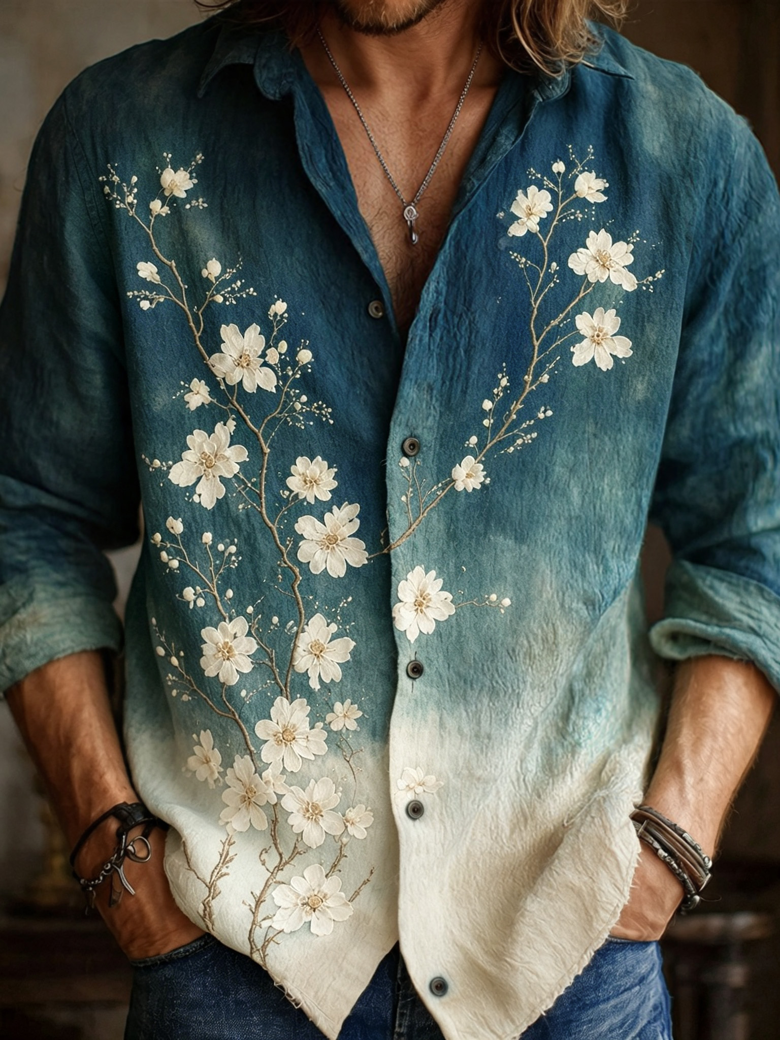 Men's Apricot Blossom Embroidery Oil Painting Art Linen Shirt