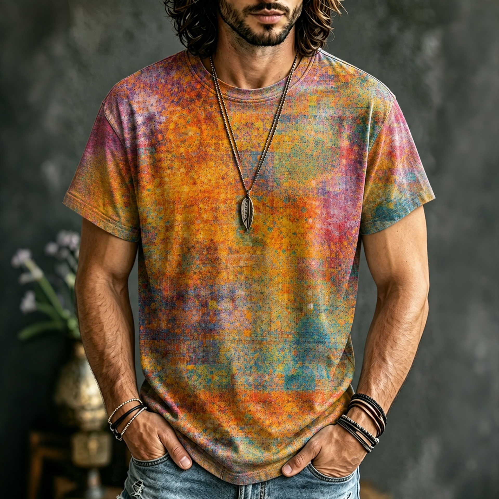 Men's Retro Gradient Pattern Print Short-sleeve T-shirt
