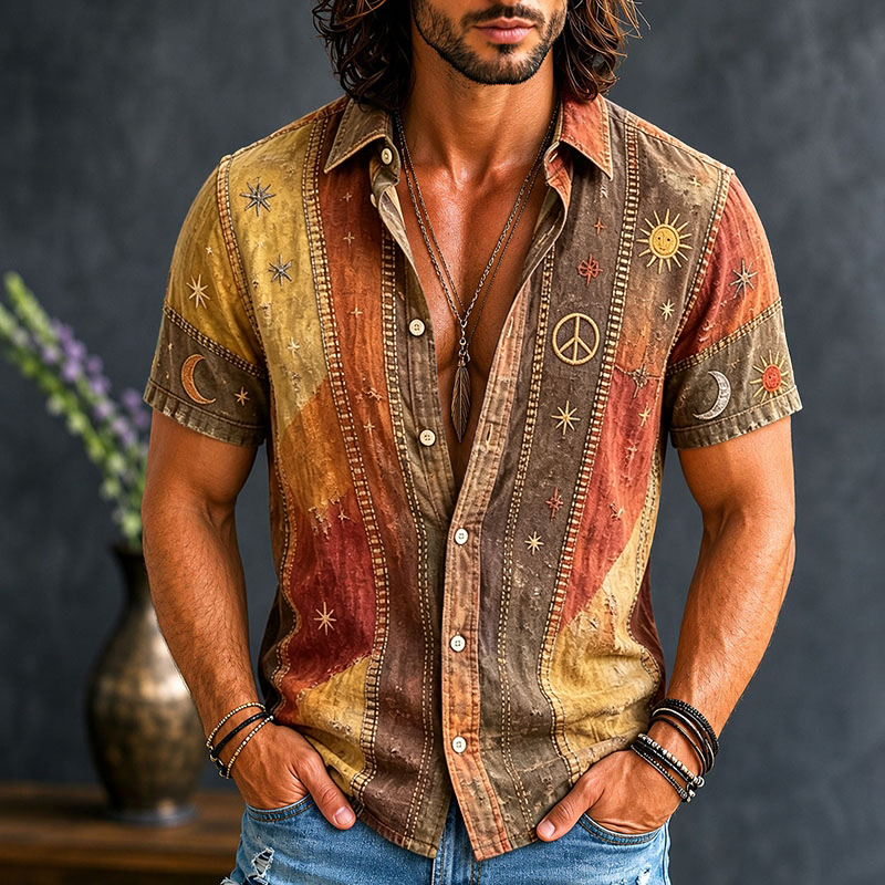 Men's Vintage Patchwork Peace Sign Sun Moon Star Art Print Cotton Linen Shirt