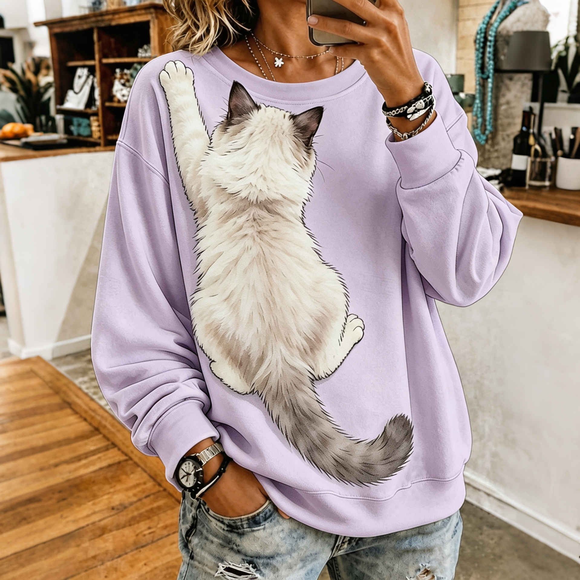 Women’s Realistic 3d Fluffy Back View Ragdoll Cat Clinging Cat Print Crewneck Sweatshirt