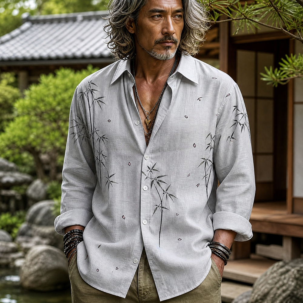 Men's Long Sleeve Button-down Shirt - Minimalist Ink Wash Bamboo Stems And Falling Petals Print Shirt