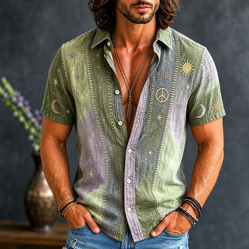 Men's Vintage Patchwork Peace Sign Sun Moon Star Art Print Cotton Linen Shirt