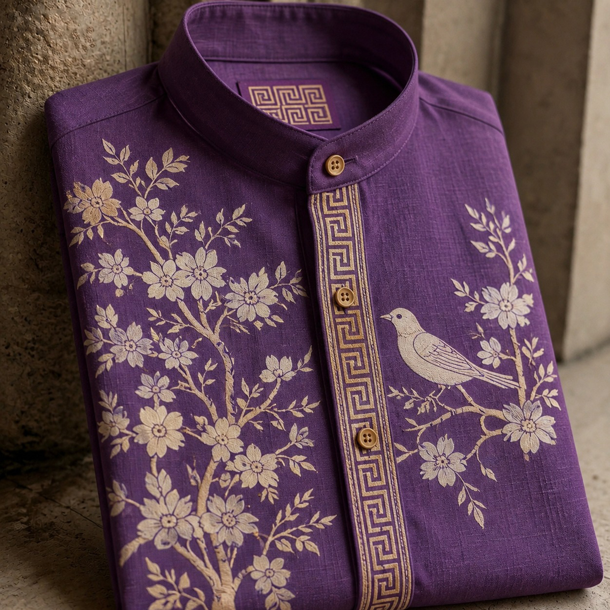 Retro Cherry Blossom And Bird Pattern Short-sleeve Shirt
