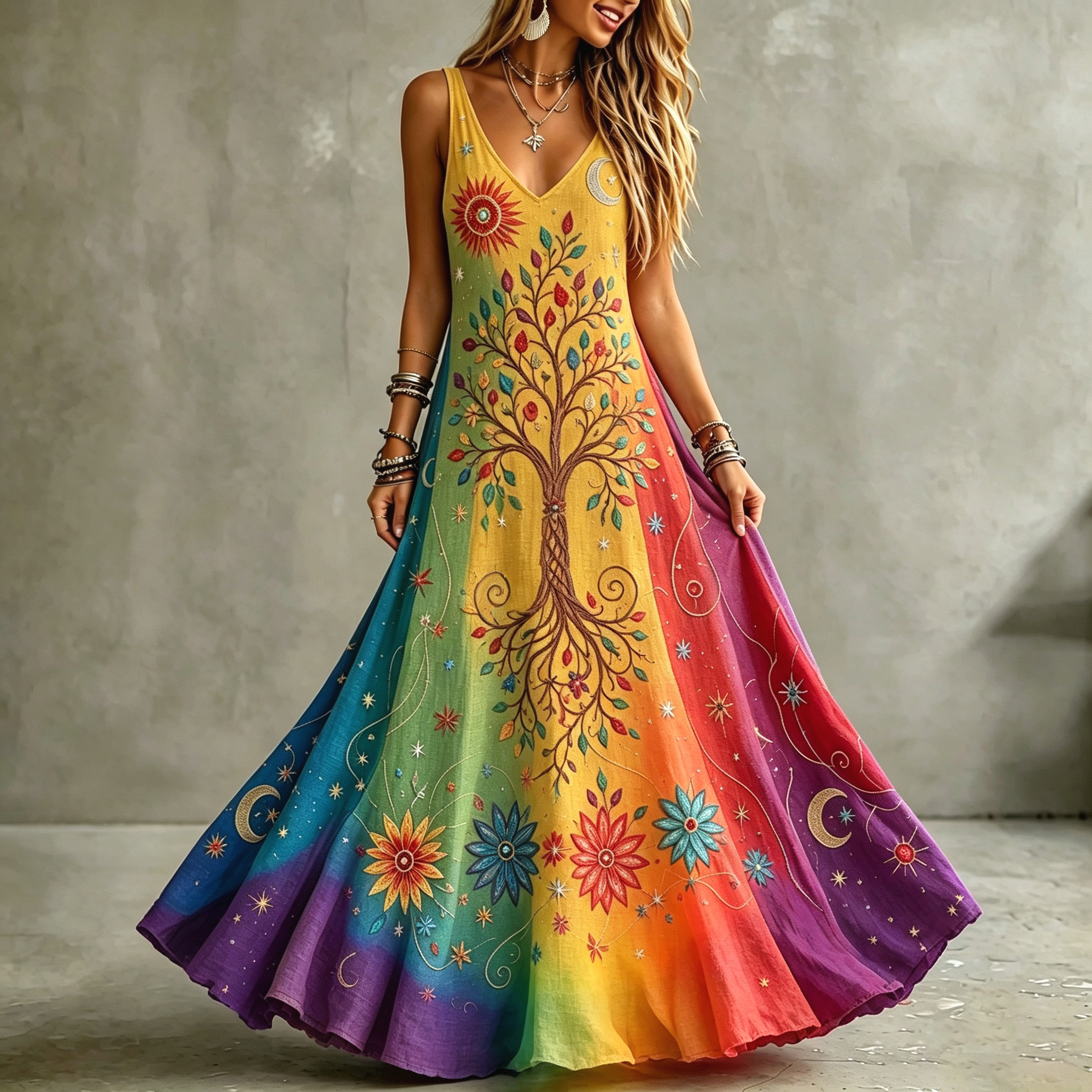 Women's Retro Sun Moon With Tree Of Life Color Gradient Art Pattern Tanks Dress