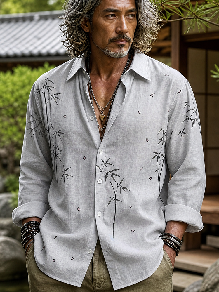 Men's Long Sleeve Button-down Shirt - Minimalist Ink Wash Bamboo Stems And Falling Petals Print Shirt