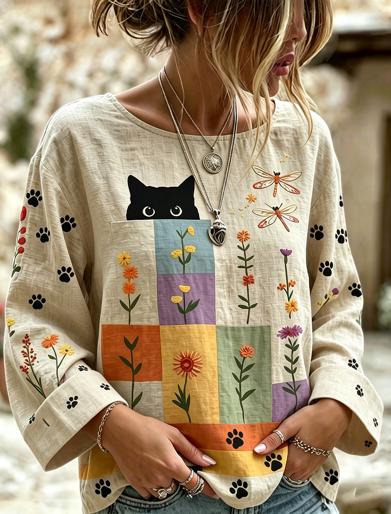 Women's Vintage Hippie Cute Cat In Patchwork Art Linen Blend Round Neck Long Sleeve Tshirt