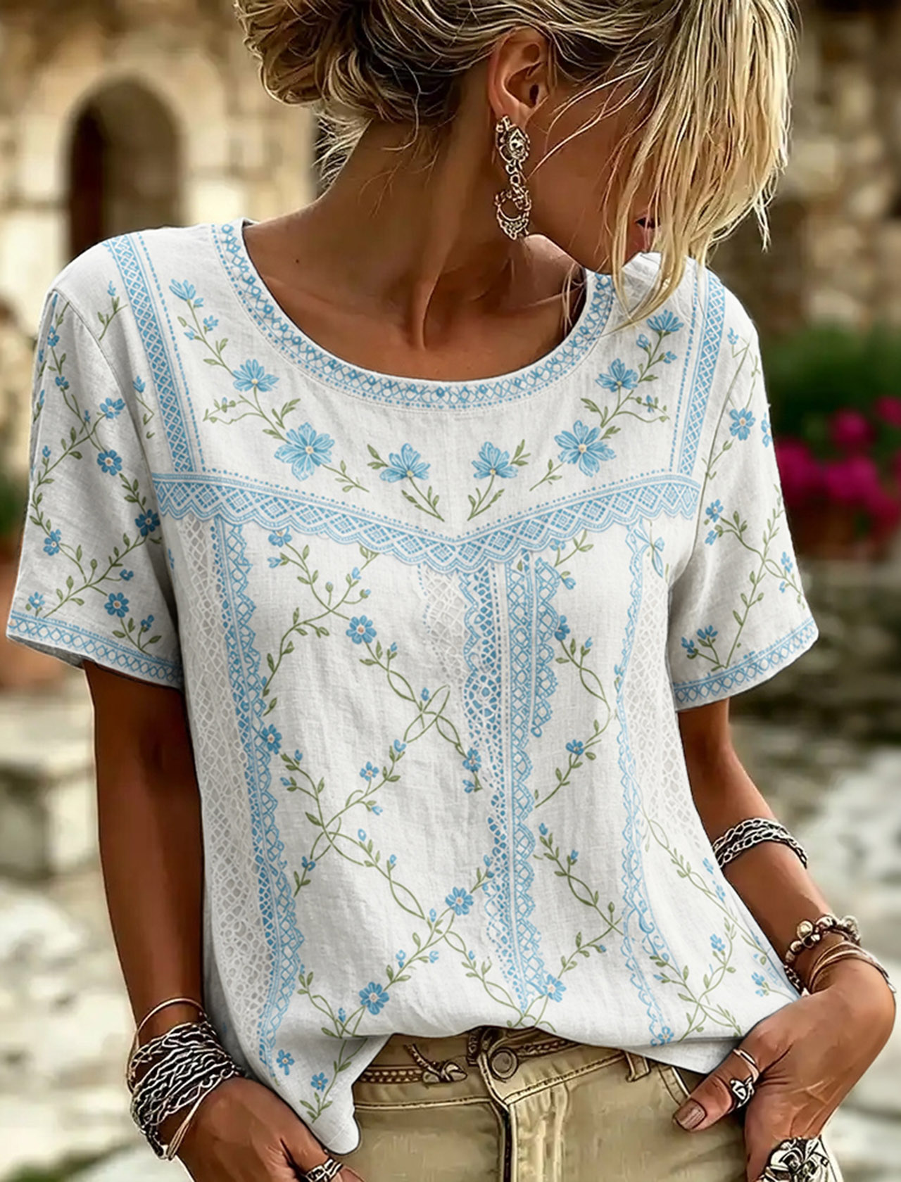 Women's Retro Floral Patchwork Print Art Round Neck Linen Blend T-shirt