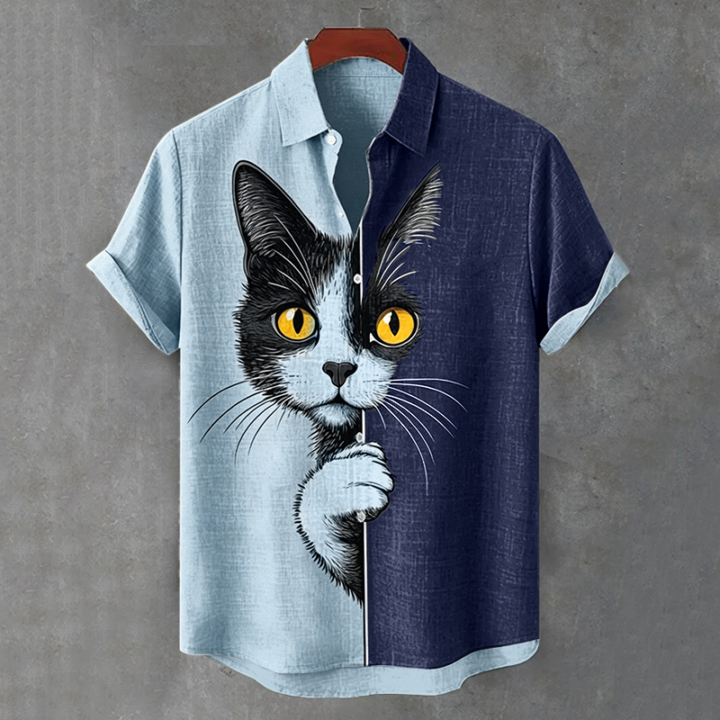 Men's  The Peeping Cat Colorblock Art Casual Short Sleeve Shirts