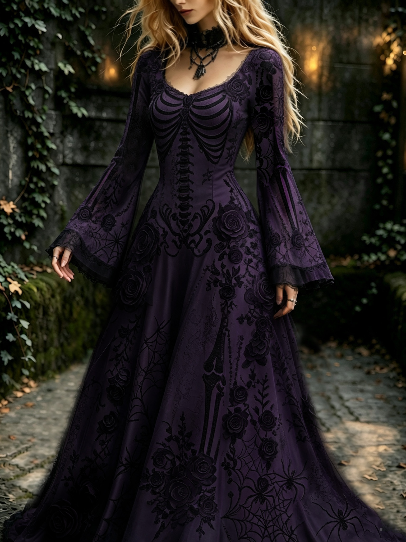 Women's Retro Gothic Flowers With Skull Pattern Mixi Halloween Dress