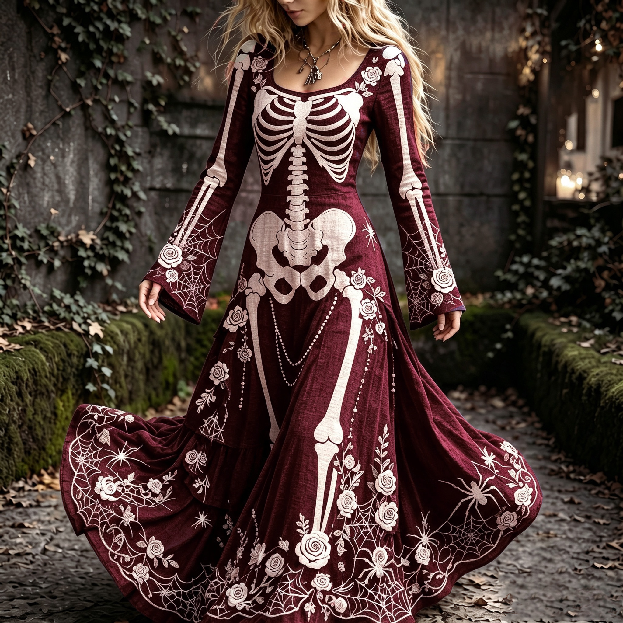 Women's Retro Gothic Spider Skull Floral Pattern Mixi Halloween Dress
