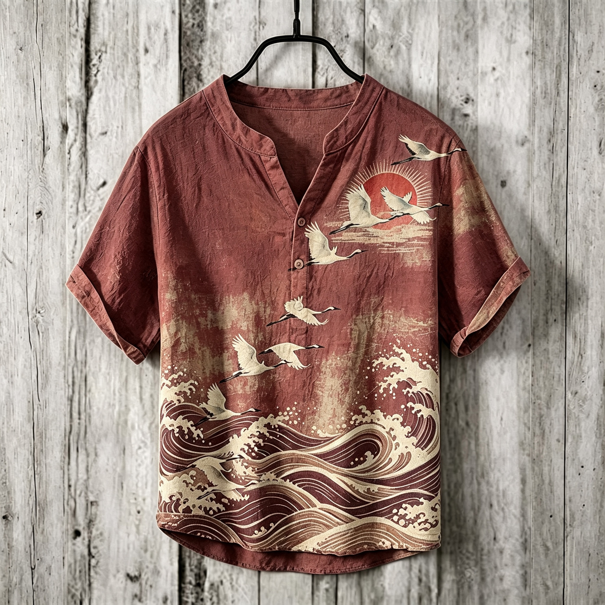 Men's Retro Japanese Art Ukiyo-e Crane And Wave Print Cotton Linen Top