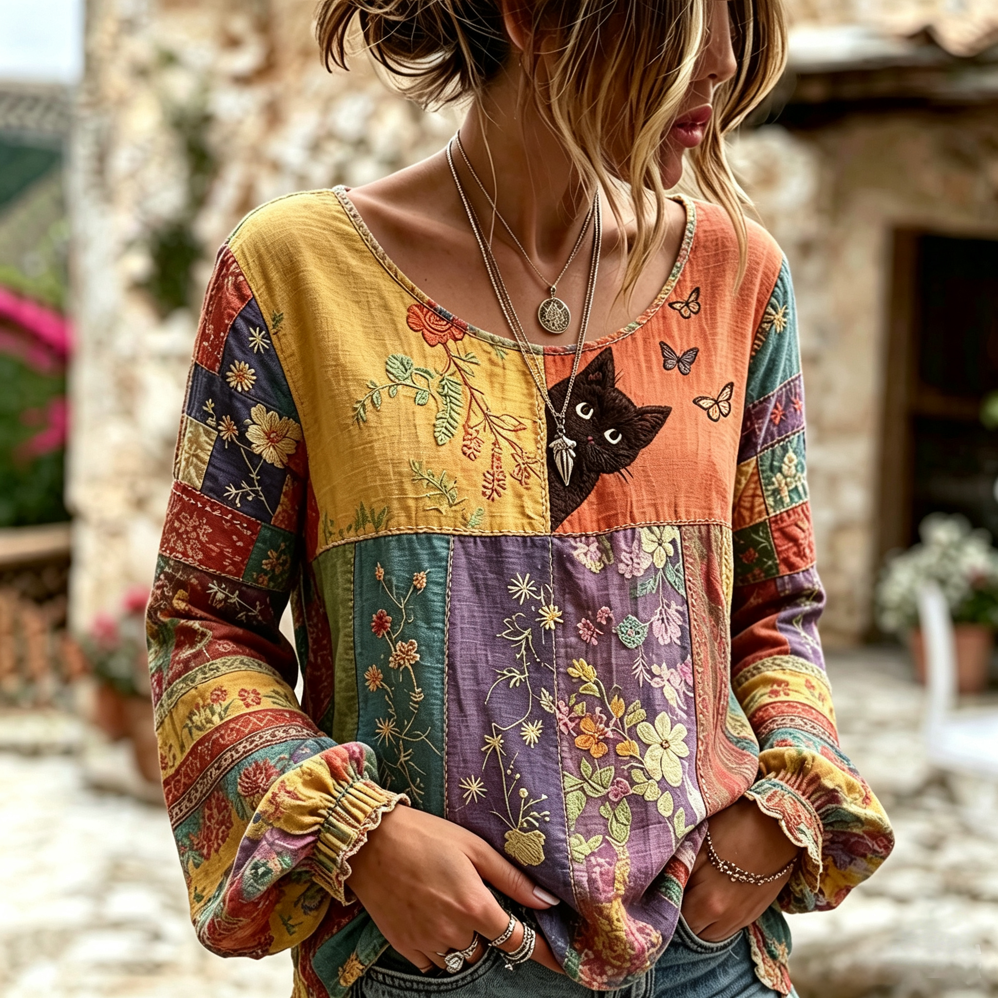 Women's Vintage  Cute Cat In Patchwork Art Printed Linen Blend Round Neck Long Sleeve Tops