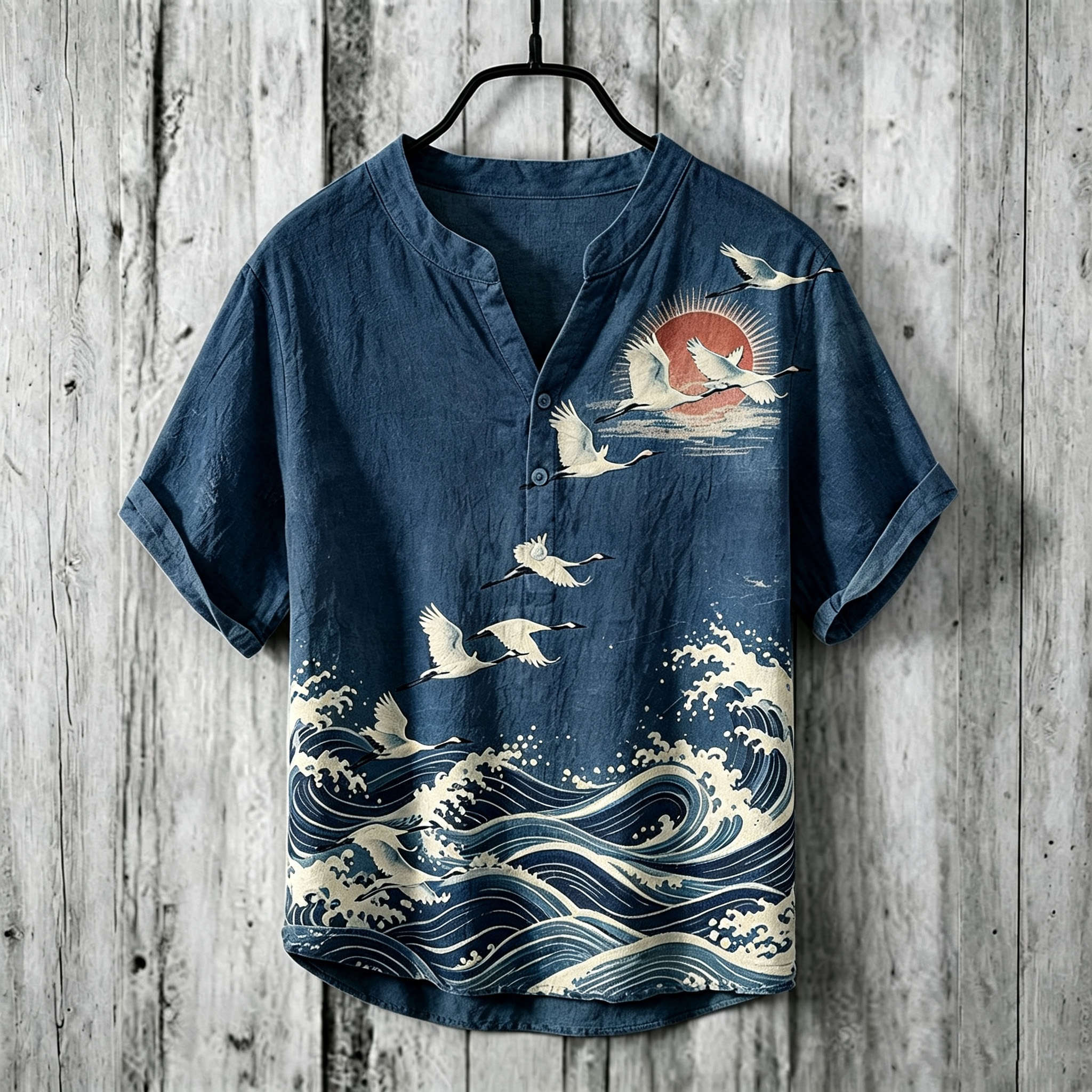 Men's Retro Japanese Art Ukiyo-e Crane And Wave Print Cotton Linen Top