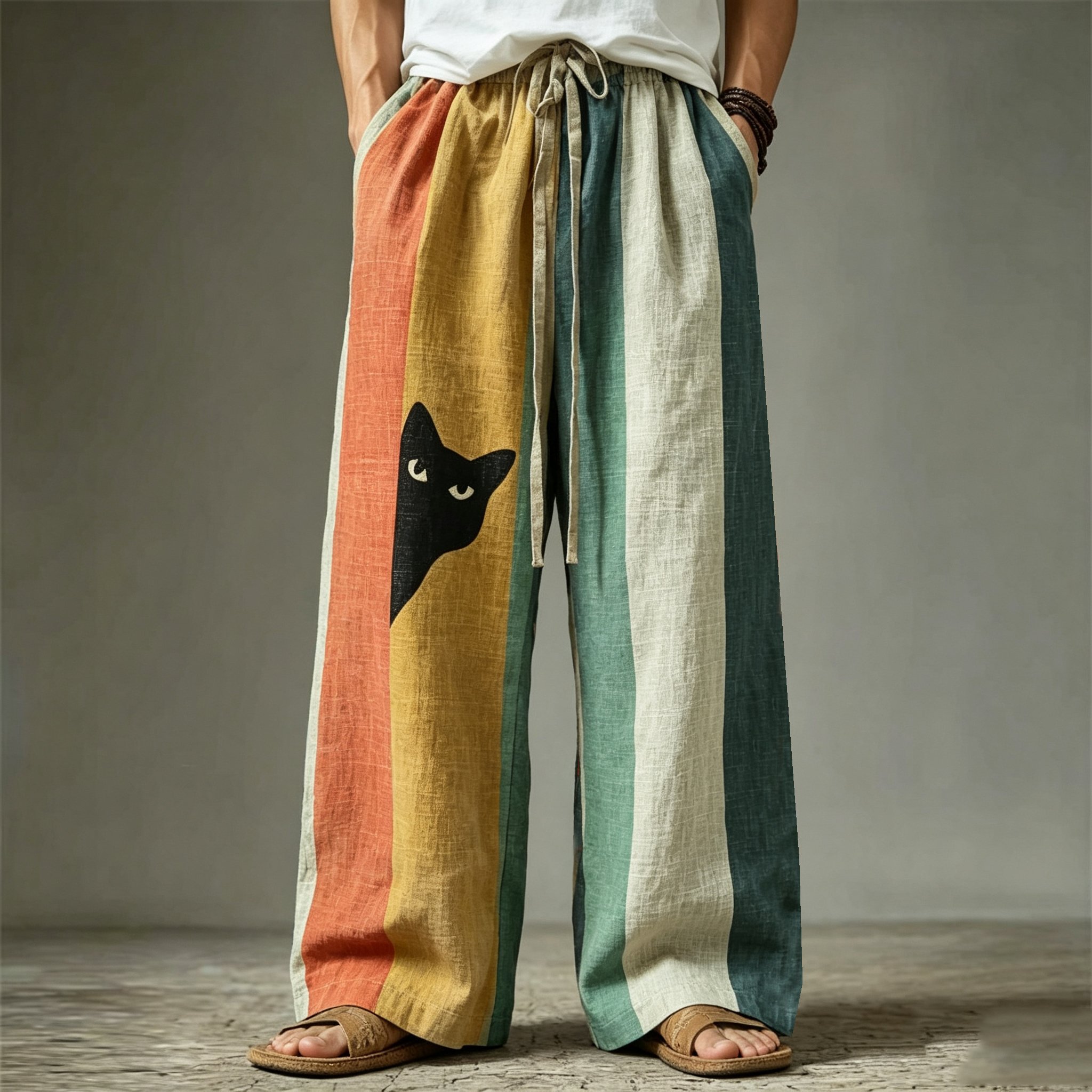 Men's Vintage Black Cat Contrast Stripes Pattern Pants