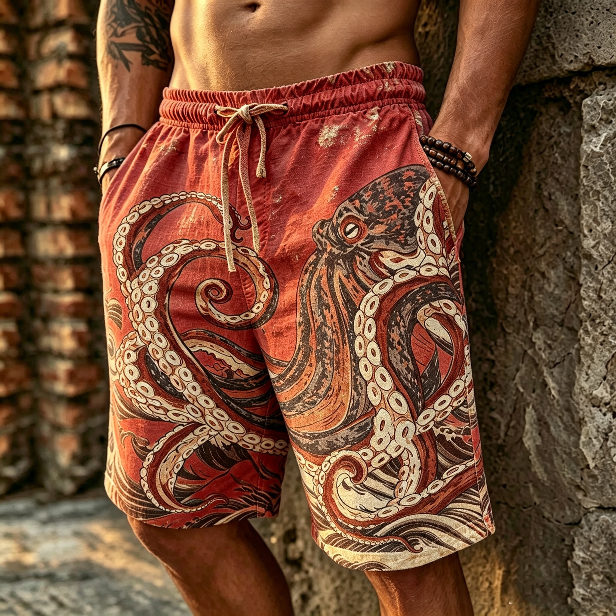 Men's Retro Japanese Art Octopus Print Cotton Linen Casual Shorts