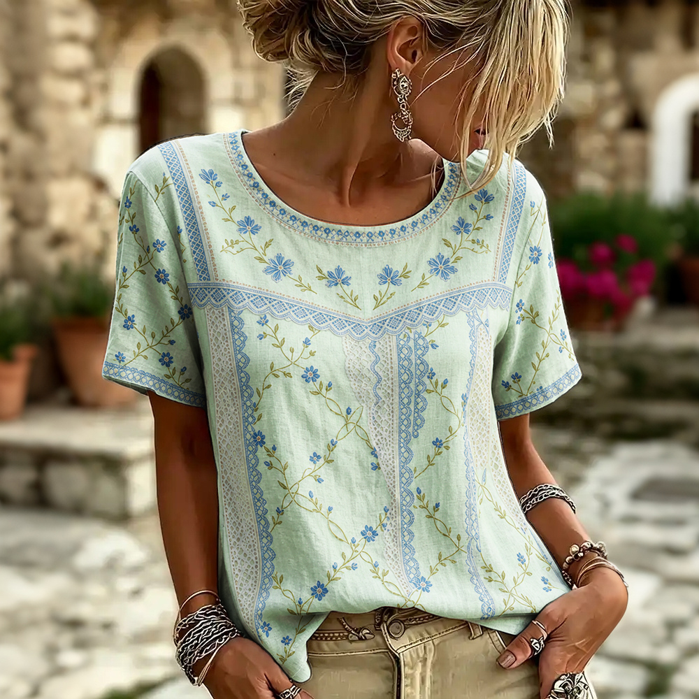 Women's Retro Floral Patchwork Print Art Round Neck Linen Blend T-shirt