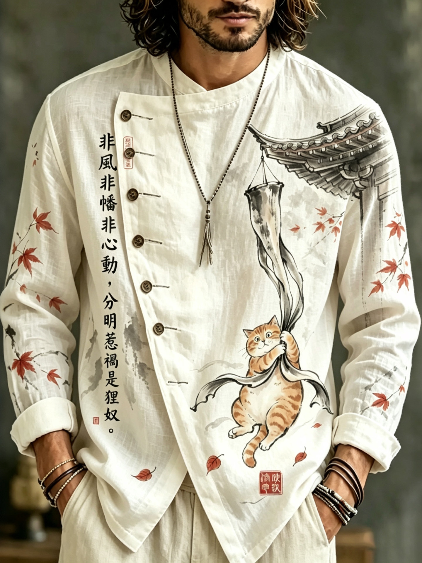 Men's Vintage Japanese Cat Art Print Flowy Linen Blend Casual Asymmetric Shirts