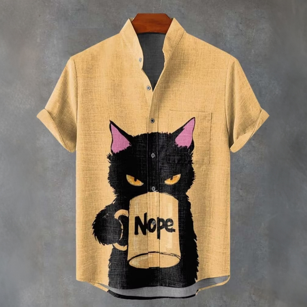 Men's Nope Cat With Coffee Art Casual Short Sleeve Shirts