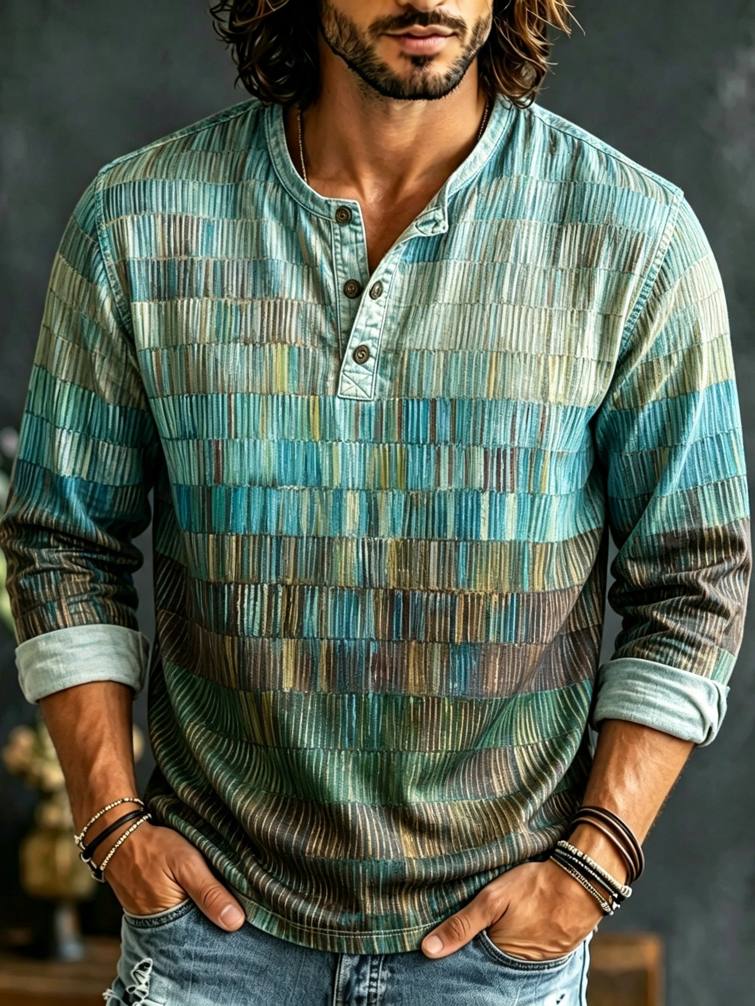 Men's Vintage Geometric Art Pattern Casual Long-sleeve Henley Shirt