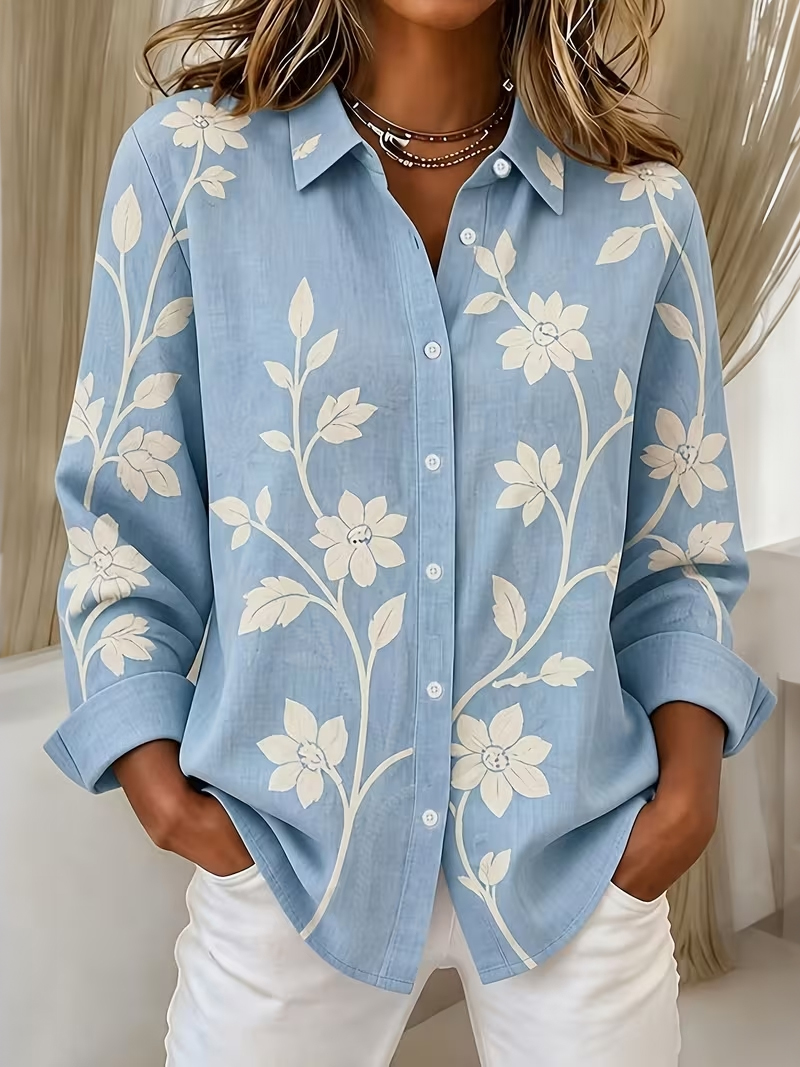 Women's Vintage Floral Art Print Flowy Linen Blend Long Sleeve Shirts